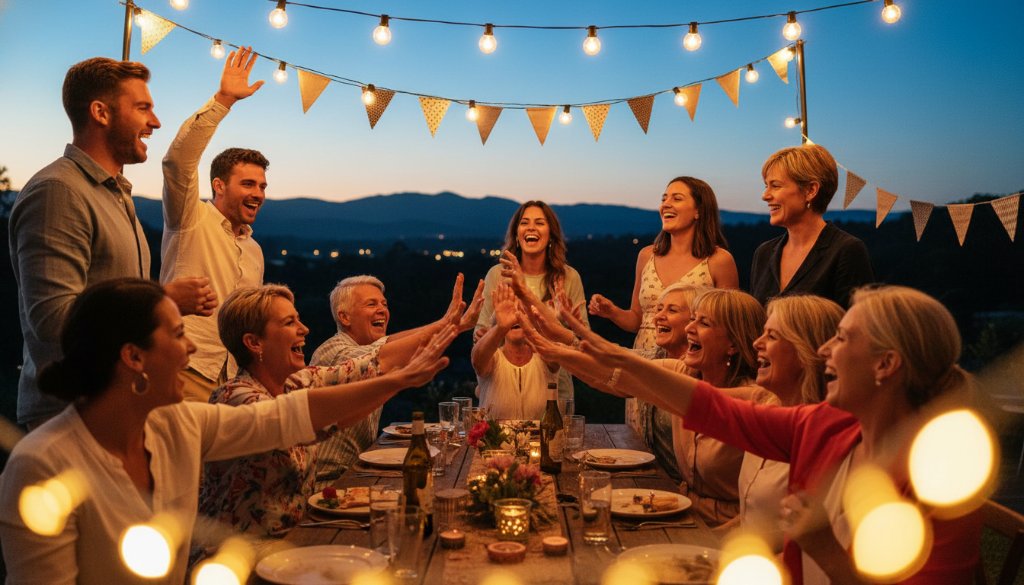 A wide-angle, vibrant photograph capturing authentic party joy Upper Ferntree Gully, showing guests of all ages laughing and dancing under warm string lights at a twilight outdoor celebration, with the soft, silhouetted Dandenong Ranges in the background. Professionally lit with a golden hour glow and cinematic colour grading, it highlights genuine connection and festive energy.