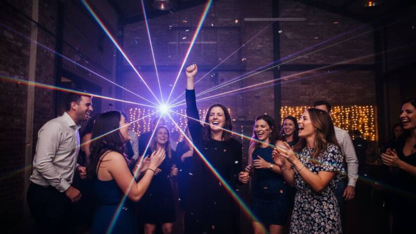 An emotionally charged, wide-angle shot Capturing Authentic Party Moments Brooklyn Victoria, featuring a group of friends cheering enthusiastically under dynamic, colourful stage lights at a lively community hall, capturing their genuine joy and connection with professional, cinematic colour grading.