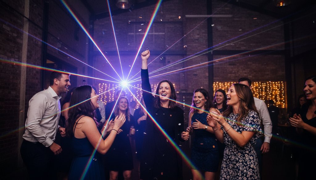 An emotionally charged, wide-angle shot Capturing Authentic Party Moments Brooklyn Victoria, featuring a group of friends cheering enthusiastically under dynamic, colourful stage lights at a lively community hall, capturing their genuine joy and connection with professional, cinematic colour grading.