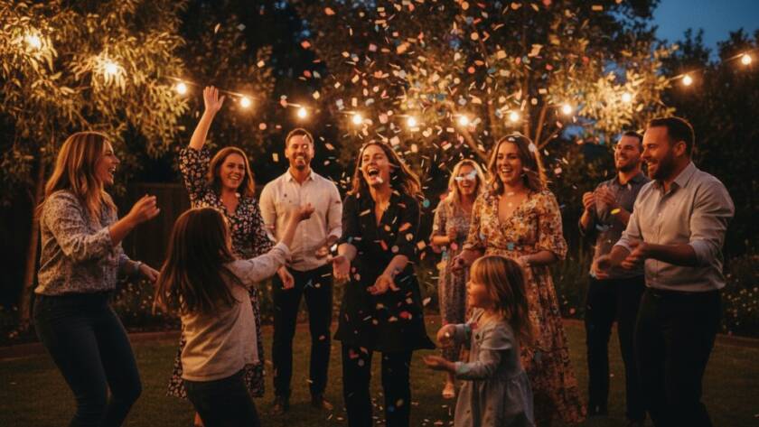An epic moment of pure joy, Capturing Authentic Party Moments Ringwood North Victoria, with a group of friends laughing and dancing under twinkling fairy lights at an outdoor party, confetti frozen in mid-air, dramatic warm lighting, professional photography.