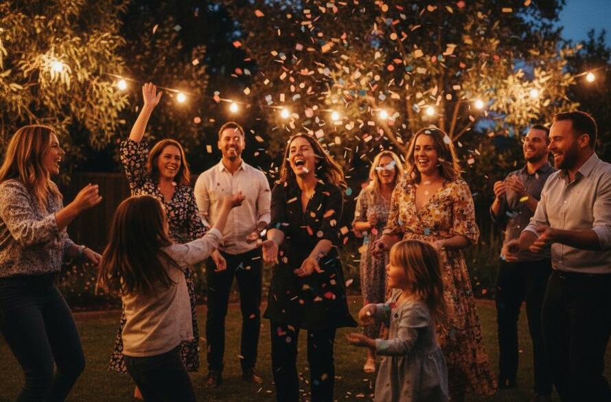 An epic moment of pure joy, Capturing Authentic Party Moments Ringwood North Victoria, with a group of friends laughing and dancing under twinkling fairy lights at an outdoor party, confetti frozen in mid-air, dramatic warm lighting, professional photography.