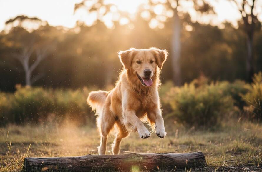 A golden retriever, mid-leap with pure joy, playing fetch at Candlebark Park, perfectly embodying 'Capturing authentic pet portraits Croydon North' with dramatic golden hour lighting, a truly epic moment.