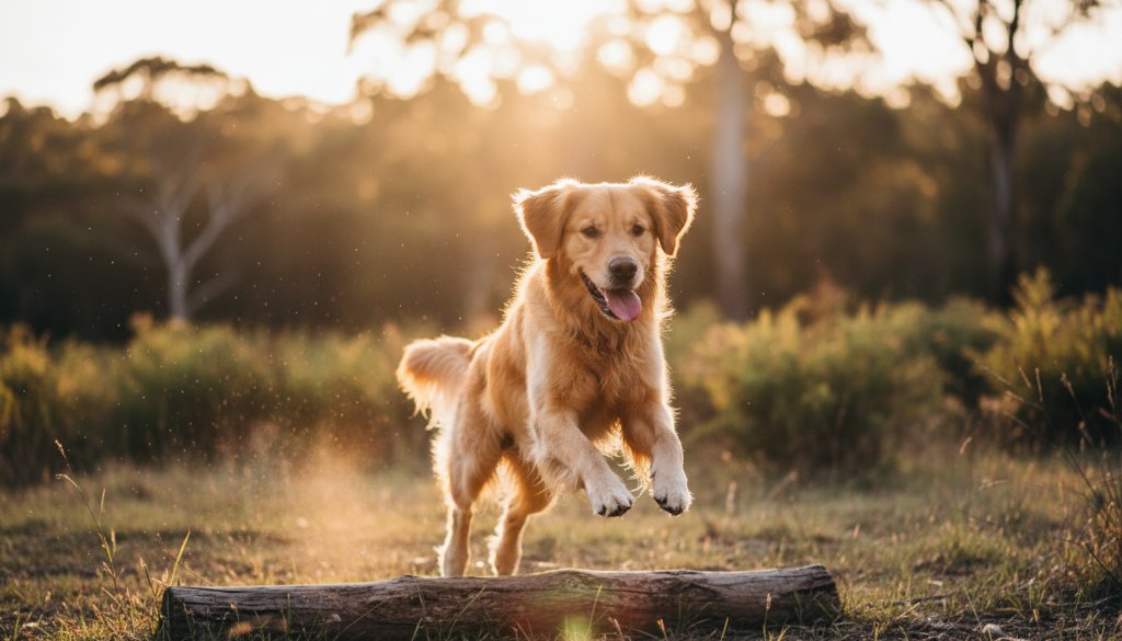 A golden retriever, mid-leap with pure joy, playing fetch at Candlebark Park, perfectly embodying 'Capturing authentic pet portraits Croydon North' with dramatic golden hour lighting, a truly epic moment.