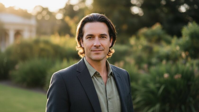 A dramatic, low-angle portrait capturing an individual with a confident gaze, taken in Hepburn Springs, showcasing authentic professional headshots Hepburn Springs photography with golden hour light filtering through eucalyptus trees.