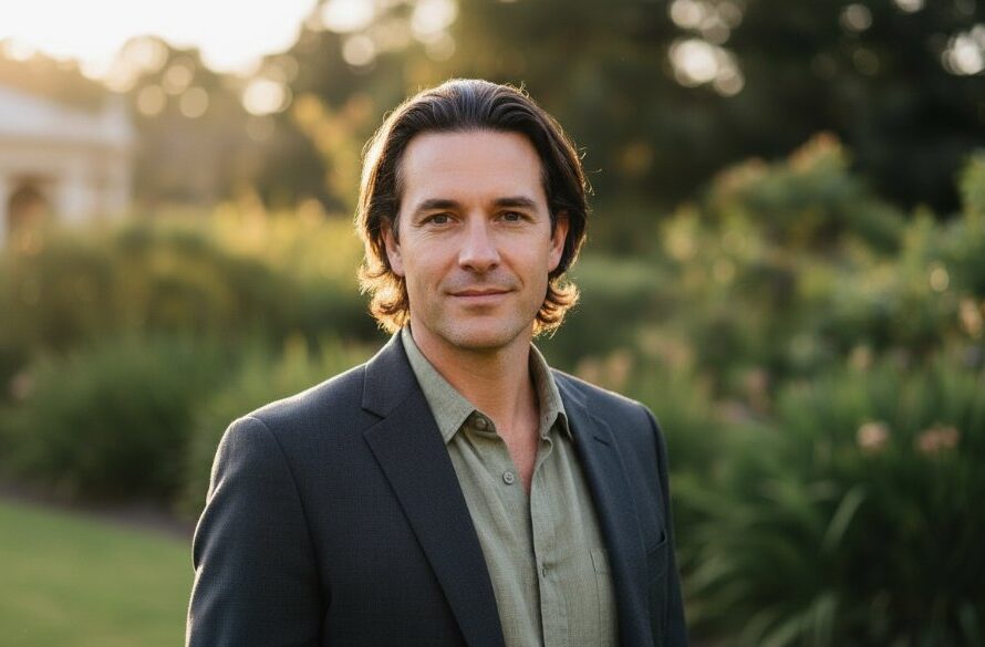 A dramatic, low-angle portrait capturing an individual with a confident gaze, taken in Hepburn Springs, showcasing authentic professional headshots Hepburn Springs photography with golden hour light filtering through eucalyptus trees.