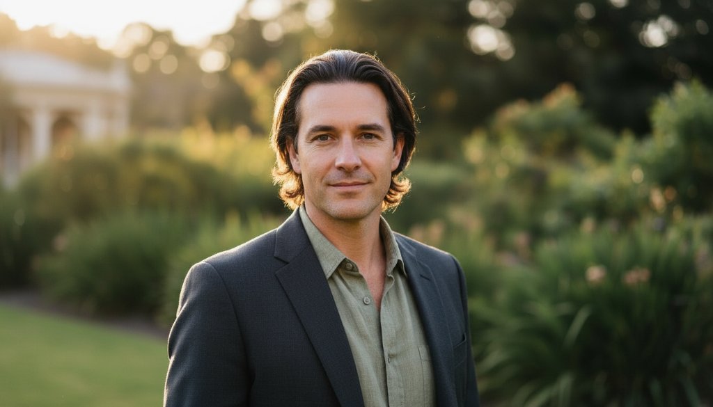 A dramatic, low-angle portrait capturing an individual with a confident gaze, taken in Hepburn Springs, showcasing authentic professional headshots Hepburn Springs photography with golden hour light filtering through eucalyptus trees.