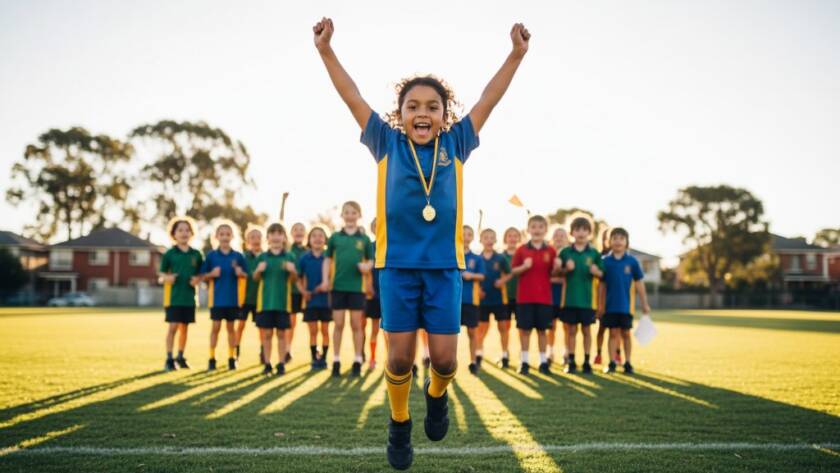 A triumphant young student, arms raised in celebration after sports day, captured by professional school photographers in Ashwood, Victoria, embodying the spirit of capturing authentic school memories Ashwood VIC with dramatic, joyful lighting.