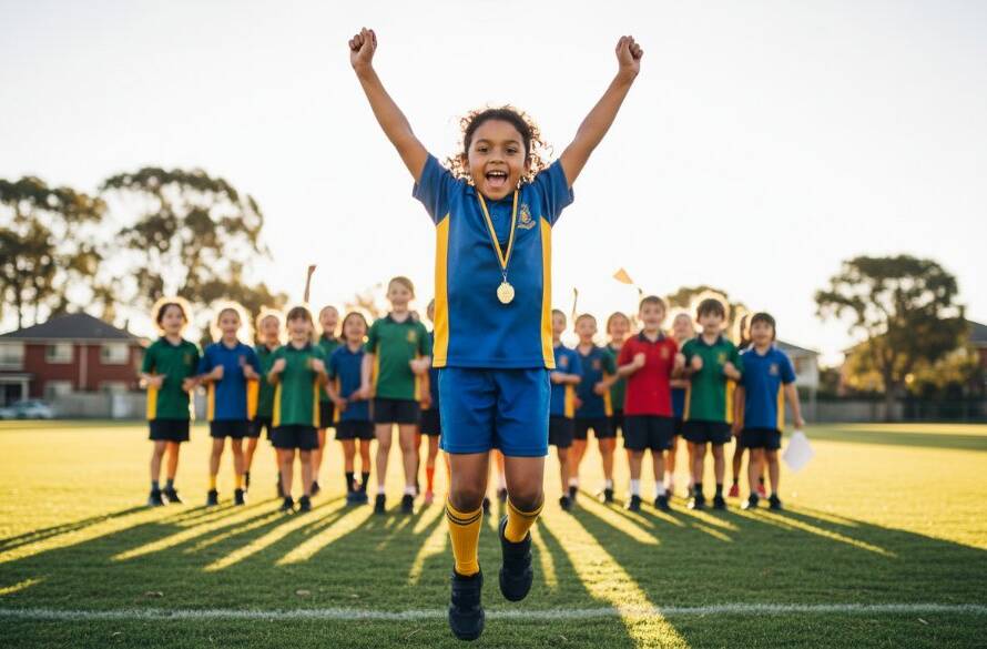 A triumphant young student, arms raised in celebration after sports day, captured by professional school photographers in Ashwood, Victoria, embodying the spirit of capturing authentic school memories Ashwood VIC with dramatic, joyful lighting.
