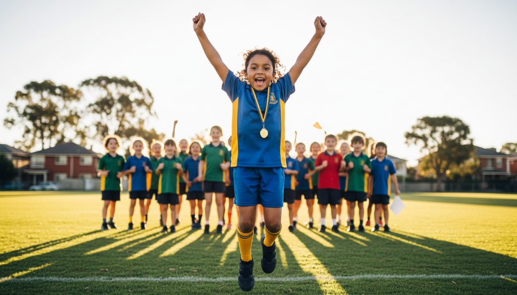 A triumphant young student, arms raised in celebration after sports day, captured by professional school photographers in Ashwood, Victoria, embodying the spirit of capturing authentic school memories Ashwood VIC with dramatic, joyful lighting.