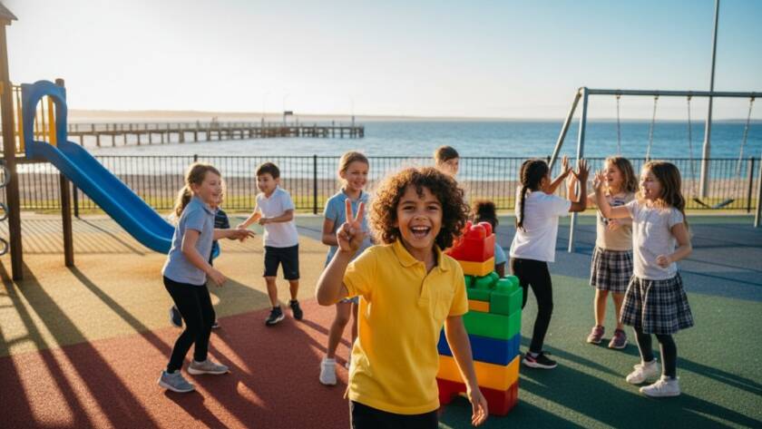 A vibrant, emotionally resonant 'epic moment' photograph showing a group of primary school children in Carrum, Victoria, laughing joyfully together on a sunny day near Carrum Beach, with the iconic L-shaped pier visible in the background. The professional photographer has captured their genuine expressions and interaction, highlighting the authentic school memories Carrum Victoria offers, with dramatic, warm lighting and a natural, candid composition.