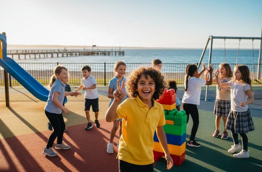 A vibrant, emotionally resonant 'epic moment' photograph showing a group of primary school children in Carrum, Victoria, laughing joyfully together on a sunny day near Carrum Beach, with the iconic L-shaped pier visible in the background. The professional photographer has captured their genuine expressions and interaction, highlighting the authentic school memories Carrum Victoria offers, with dramatic, warm lighting and a natural, candid composition.
