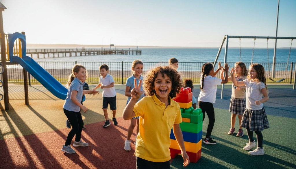 A vibrant, emotionally resonant 'epic moment' photograph showing a group of primary school children in Carrum, Victoria, laughing joyfully together on a sunny day near Carrum Beach, with the iconic L-shaped pier visible in the background. The professional photographer has captured their genuine expressions and interaction, highlighting the authentic school memories Carrum Victoria offers, with dramatic, warm lighting and a natural, candid composition.
