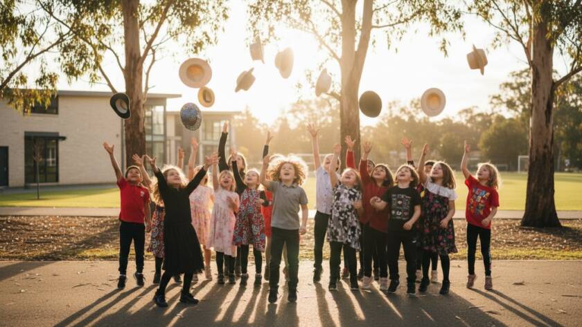 A vibrant, professionally lit photograph of a group of joyful primary school children in Croydon Hills, Victoria, celebrating after a sports day event, embodying the spirit of Capturing Authentic School Memories Croydon Hills Victoria with dynamic action and genuine smiles, shot with a shallow depth of field for a cinematic feel.