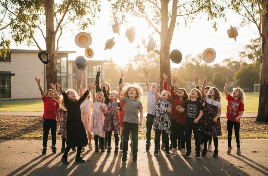 A vibrant, professionally lit photograph of a group of joyful primary school children in Croydon Hills, Victoria, celebrating after a sports day event, embodying the spirit of Capturing Authentic School Memories Croydon Hills Victoria with dynamic action and genuine smiles, shot with a shallow depth of field for a cinematic feel.