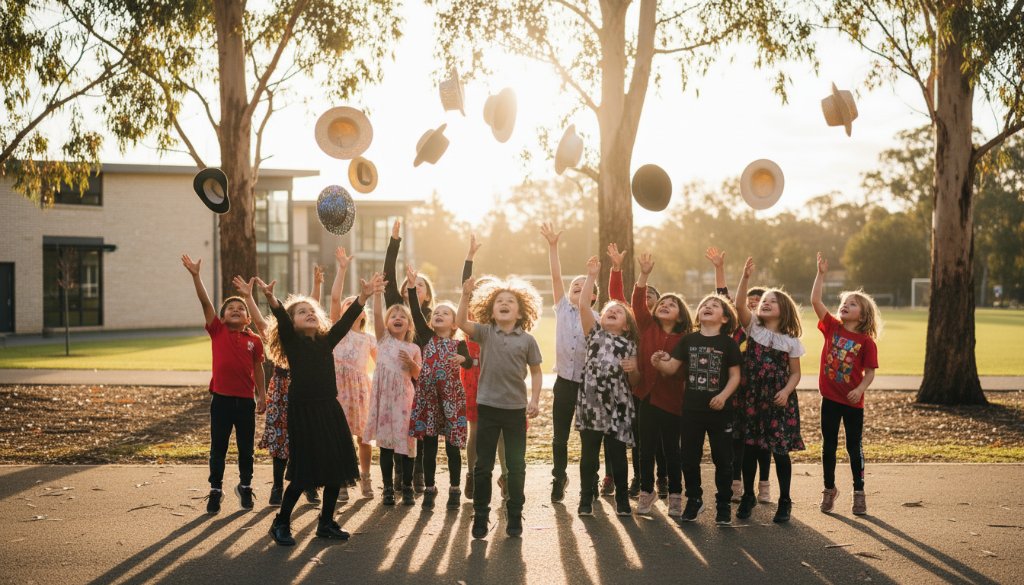 A vibrant, professionally lit photograph of a group of joyful primary school children in Croydon Hills, Victoria, celebrating after a sports day event, embodying the spirit of Capturing Authentic School Memories Croydon Hills Victoria with dynamic action and genuine smiles, shot with a shallow depth of field for a cinematic feel.