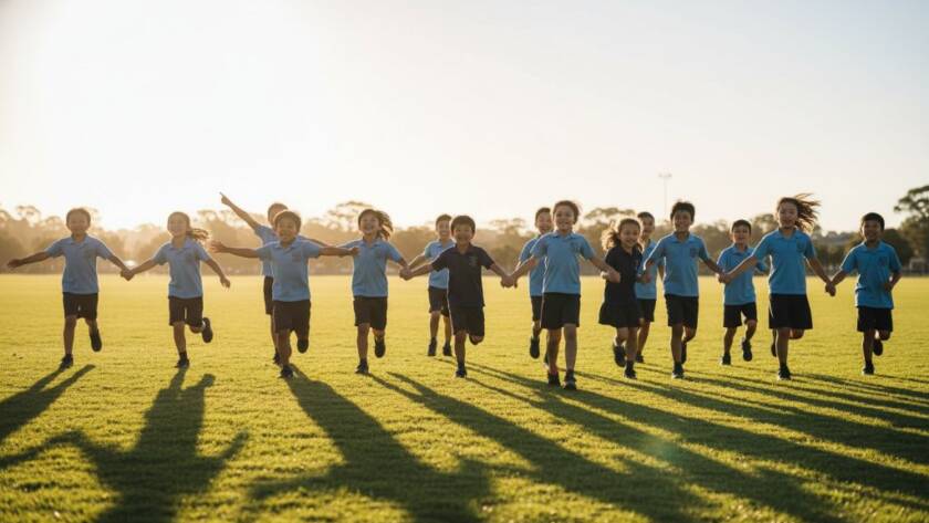 A heartwarming, sun-drenched photograph of a group of diverse primary school children in Frankston South laughing joyfully as they play together on a green oval, capturing authentic school memories Frankston South with a vibrant and energetic feel.