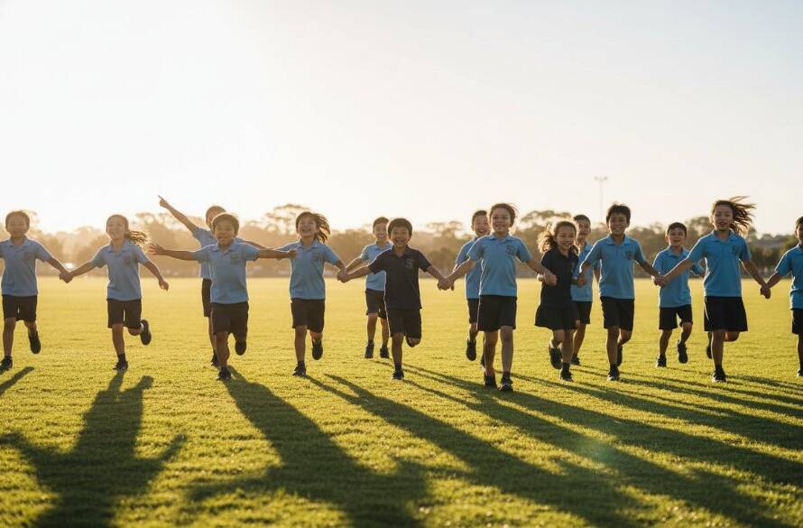 A heartwarming, sun-drenched photograph of a group of diverse primary school children in Frankston South laughing joyfully as they play together on a green oval, capturing authentic school memories Frankston South with a vibrant and energetic feel.
