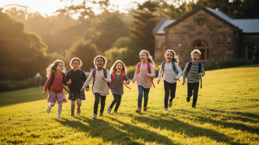 A professional, cinematic photograph Capturing authentic school memories Hepburn Springs Victoria, showing a group of primary school children laughing joyfully during an outdoor lesson in a sun-dappled park, with the iconic Hepburn Bathhouse in the background, perfect natural light.