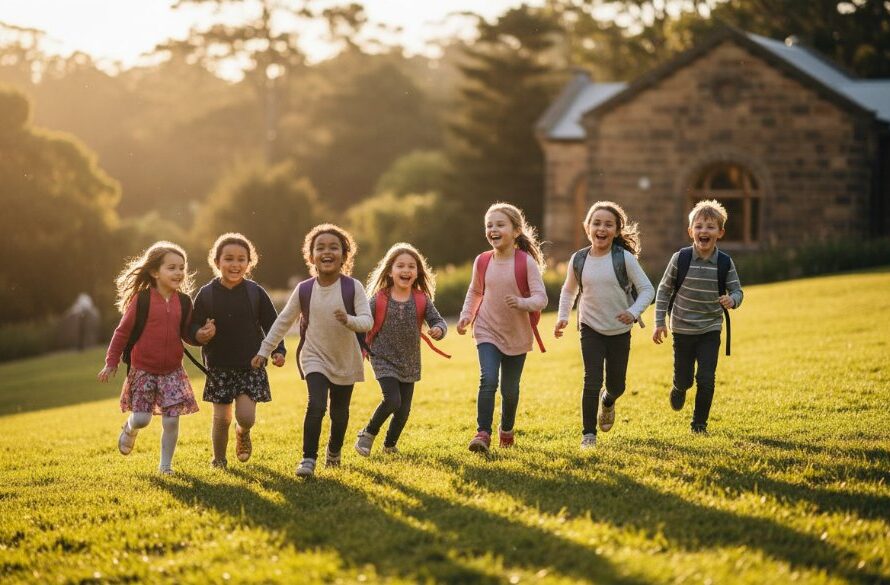 A professional, cinematic photograph Capturing authentic school memories Hepburn Springs Victoria, showing a group of primary school children laughing joyfully during an outdoor lesson in a sun-dappled park, with the iconic Hepburn Bathhouse in the background, perfect natural light.