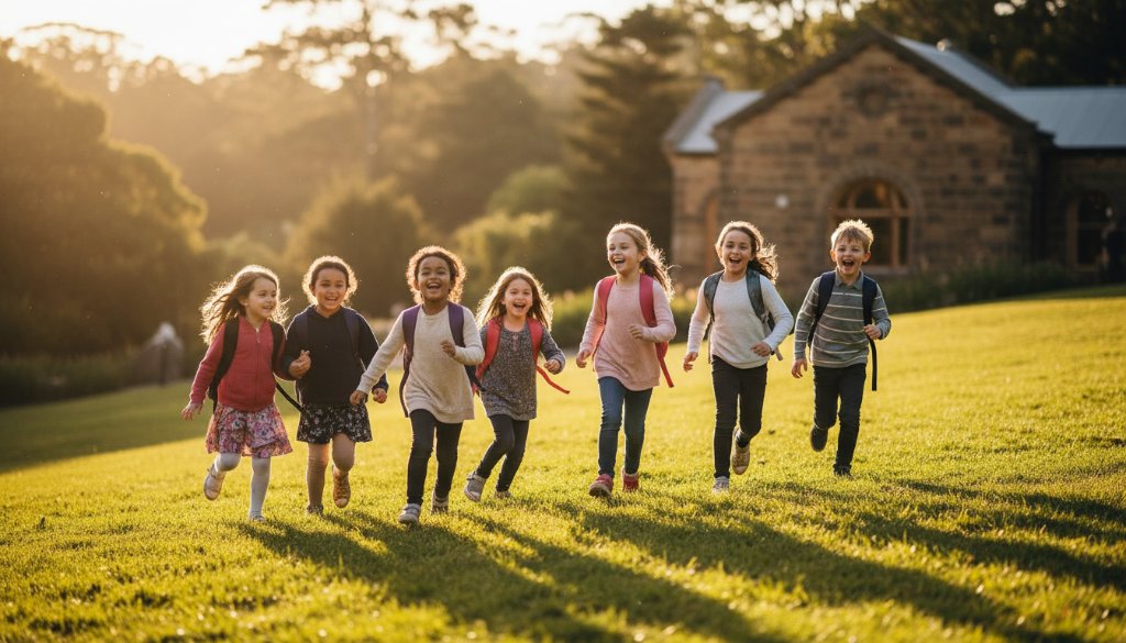 A professional, cinematic photograph Capturing authentic school memories Hepburn Springs Victoria, showing a group of primary school children laughing joyfully during an outdoor lesson in a sun-dappled park, with the iconic Hepburn Bathhouse in the background, perfect natural light.