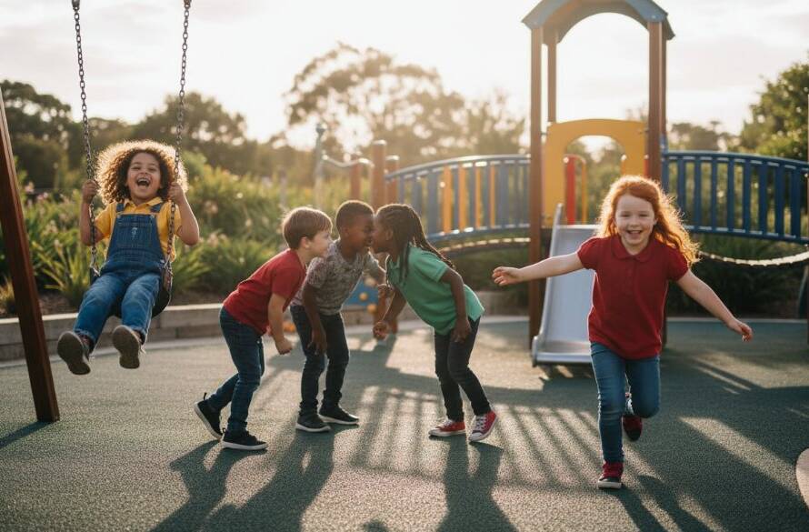A beautifully lit, cinematic photograph capturing authentic school memories Melton Victoria, showing a diverse group of primary school children laughing joyfully while playing in the sunlit playground of a modern school, with the iconic Melton Botanic Garden's lush greenery softly blurred in the background, showcasing genuine connection and youthful energy.