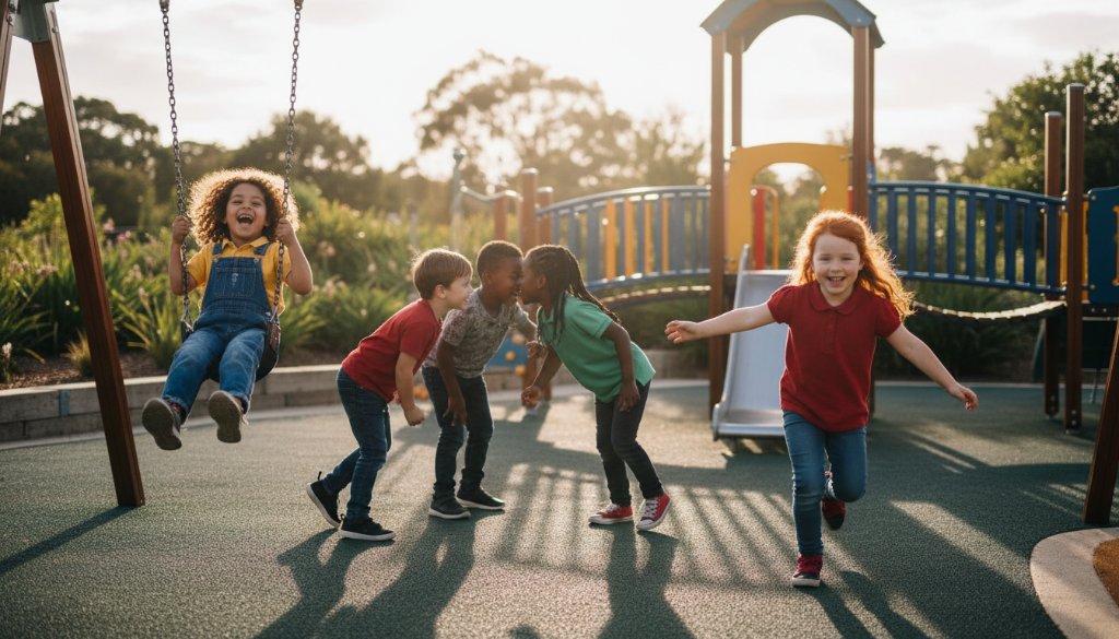 A beautifully lit, cinematic photograph capturing authentic school memories Melton Victoria, showing a diverse group of primary school children laughing joyfully while playing in the sunlit playground of a modern school, with the iconic Melton Botanic Garden's lush greenery softly blurred in the background, showcasing genuine connection and youthful energy.