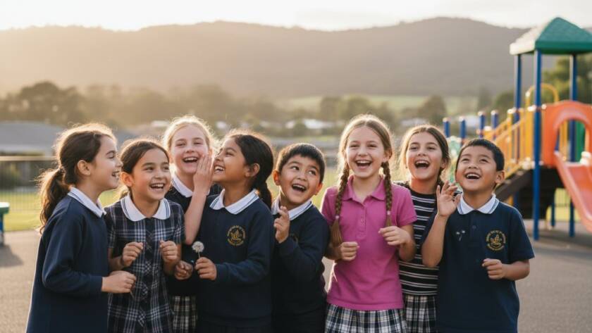 A candid and heartwarming portrait capturing authentic school memories The Basin, showing a group of diverse primary school children laughing joyfully in a sun-drenched playground, with the Dandenong Ranges faintly in the background, embodying a perfect, epic school moment.