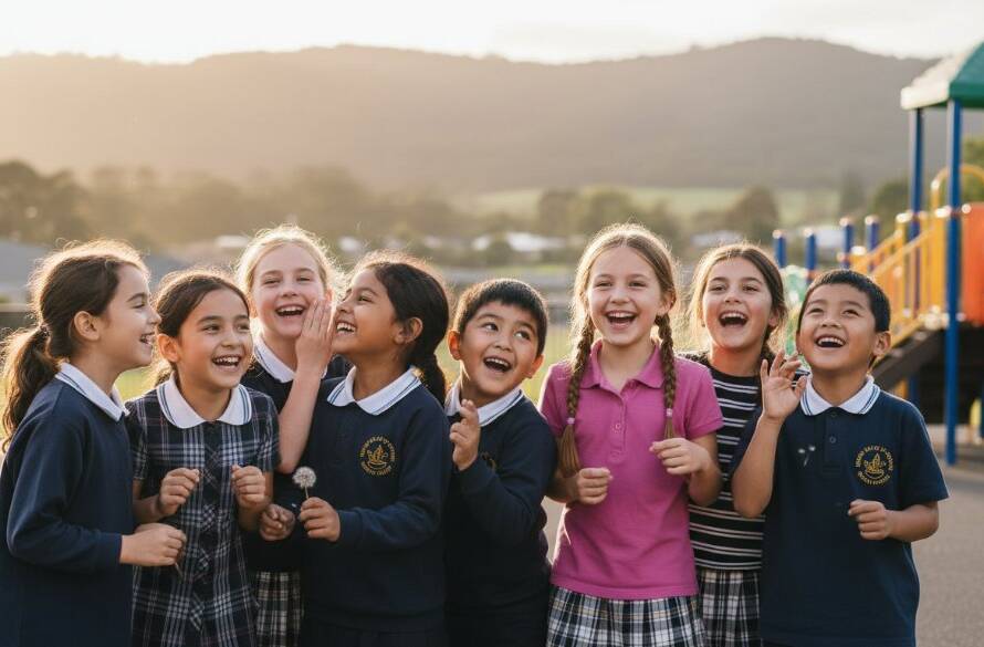 A candid and heartwarming portrait capturing authentic school memories The Basin, showing a group of diverse primary school children laughing joyfully in a sun-drenched playground, with the Dandenong Ranges faintly in the background, embodying a perfect, epic school moment.