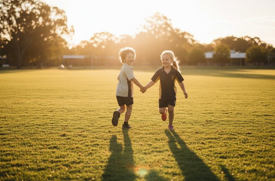 A vibrant, low-angle shot of two primary school children in Yarrawonga, Victoria, joyfully running through a sun-drenched school oval during golden hour, capturing authentic school memories Yarrawonga with dynamic light and soft focus.