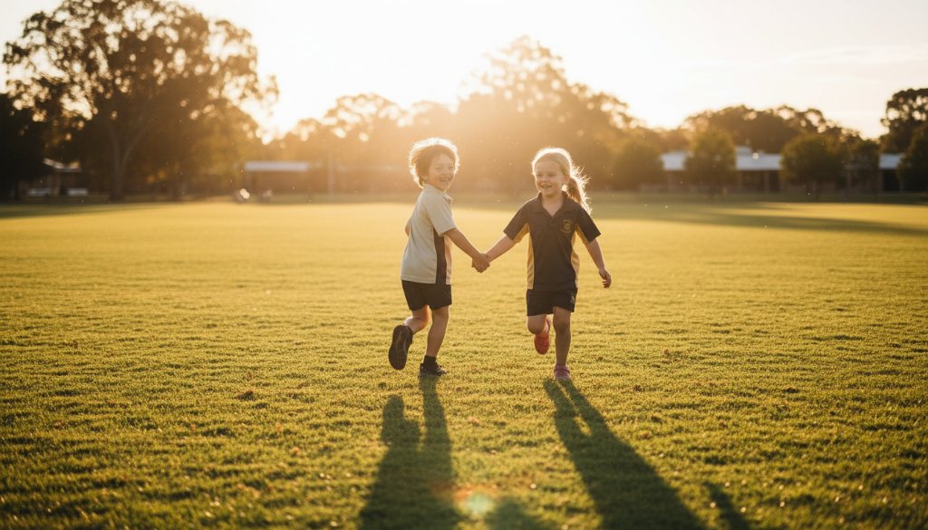 A vibrant, low-angle shot of two primary school children in Yarrawonga, Victoria, joyfully running through a sun-drenched school oval during golden hour, capturing authentic school memories Yarrawonga with dynamic light and soft focus.