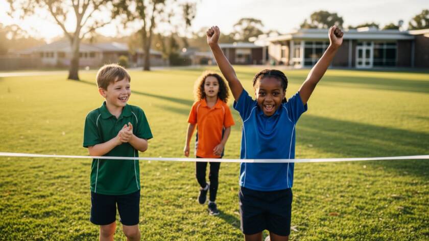 A vibrant, high-angle professional photograph capturing authentic school moments Heatherdale, showing a diverse group of primary school children laughing joyfully during an outdoor activity on a sunny day in Heatherdale, Victoria, showcasing natural expressions and the lively atmosphere of school life, with dramatic natural lighting and rich colour grading.