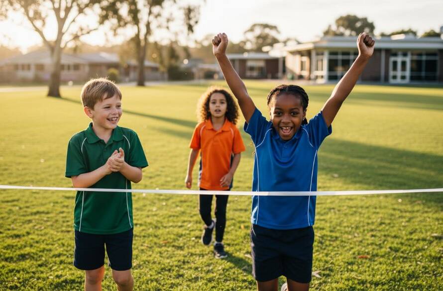 A vibrant, high-angle professional photograph capturing authentic school moments Heatherdale, showing a diverse group of primary school children laughing joyfully during an outdoor activity on a sunny day in Heatherdale, Victoria, showcasing natural expressions and the lively atmosphere of school life, with dramatic natural lighting and rich colour grading.