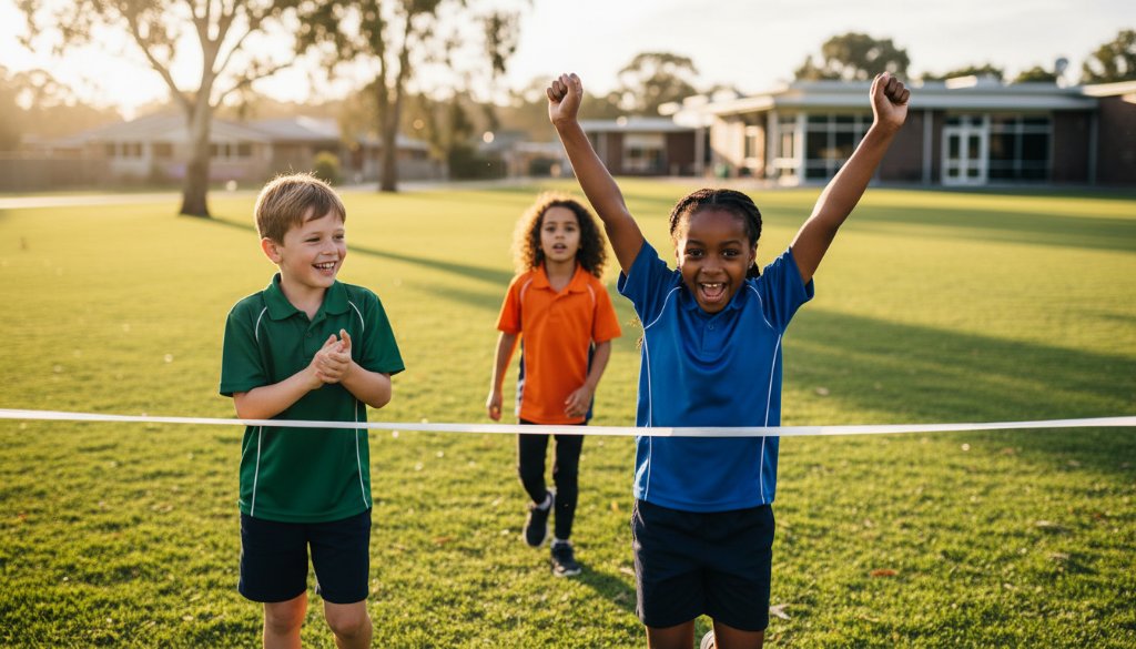 A vibrant, high-angle professional photograph capturing authentic school moments Heatherdale, showing a diverse group of primary school children laughing joyfully during an outdoor activity on a sunny day in Heatherdale, Victoria, showcasing natural expressions and the lively atmosphere of school life, with dramatic natural lighting and rich colour grading.