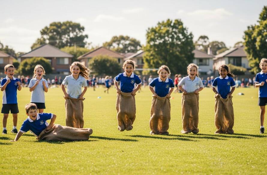 An emotionally vibrant, cinematic photograph capturing a diverse group of primary school children in Box Hill South gathered on their school oval, cheering and laughing, creating an 'epic moment' for capturing authentic school photography Box Hill South. The scene is bathed in warm, late afternoon sunlight, highlighting genuine expressions and camaraderie with a soft focus background.