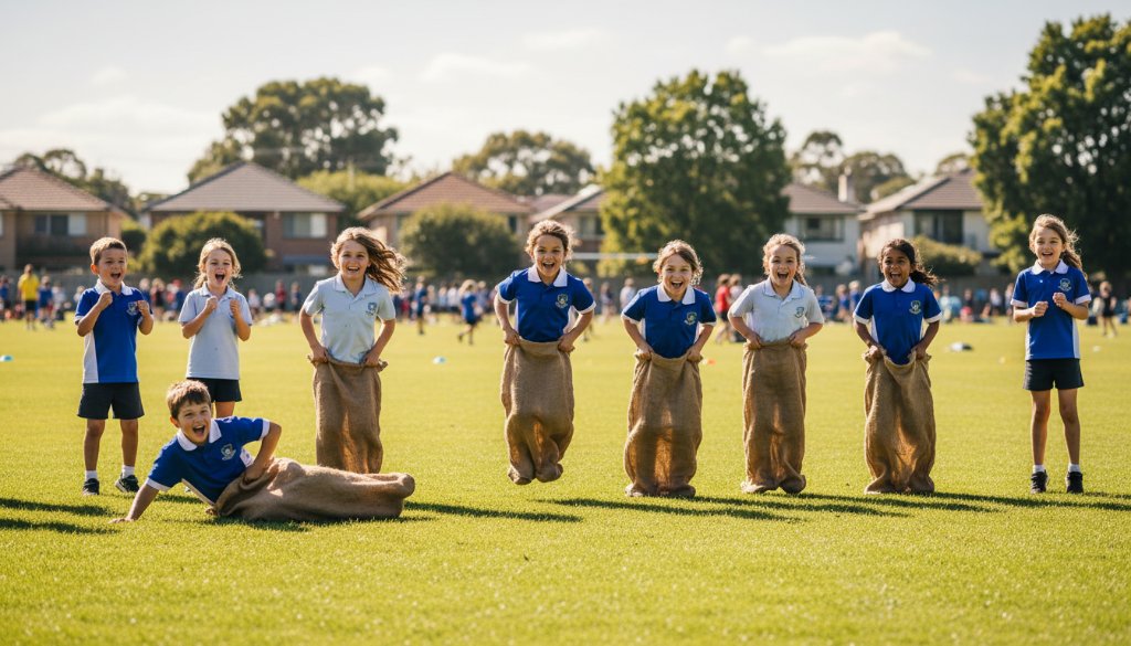 An emotionally vibrant, cinematic photograph capturing a diverse group of primary school children in Box Hill South gathered on their school oval, cheering and laughing, creating an 'epic moment' for capturing authentic school photography Box Hill South. The scene is bathed in warm, late afternoon sunlight, highlighting genuine expressions and camaraderie with a soft focus background.