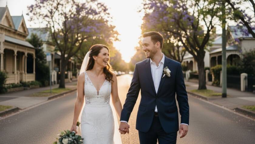 A newlywed couple sharing a joyful, candid embrace with Seddon's charming streetscape as a softly blurred background, captured with dramatic golden hour light, reflecting the essence of Capturing Authentic Seddon Wedding Photography Victoria.