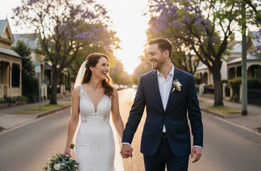 A newlywed couple sharing a joyful, candid embrace with Seddon's charming streetscape as a softly blurred background, captured with dramatic golden hour light, reflecting the essence of Capturing Authentic Seddon Wedding Photography Victoria.