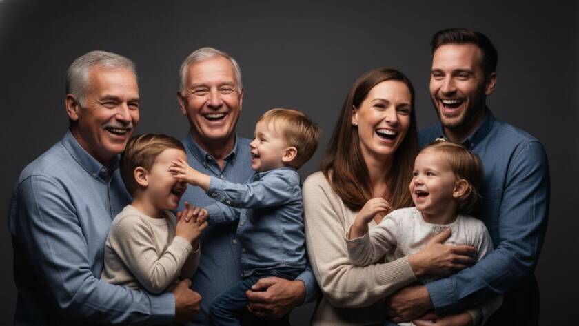 A heartwarming, epic moment captured in a professional studio, showcasing a multi-generational Delahey family laughing joyfully together, with soft, dramatic backlighting highlighting their genuine connection, perfectly embodying the goal of capturing authentic studio portraits Delahey families will treasure.