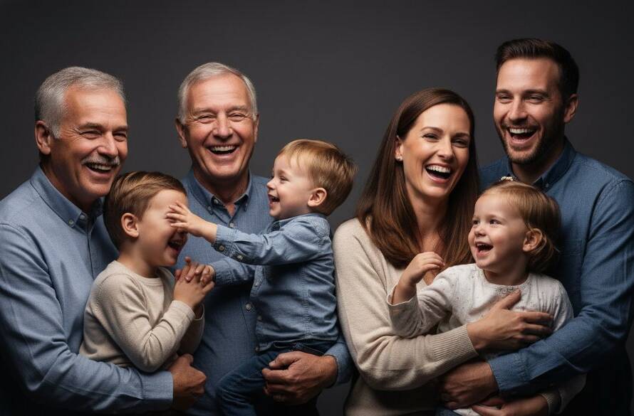 A heartwarming, epic moment captured in a professional studio, showcasing a multi-generational Delahey family laughing joyfully together, with soft, dramatic backlighting highlighting their genuine connection, perfectly embodying the goal of capturing authentic studio portraits Delahey families will treasure.