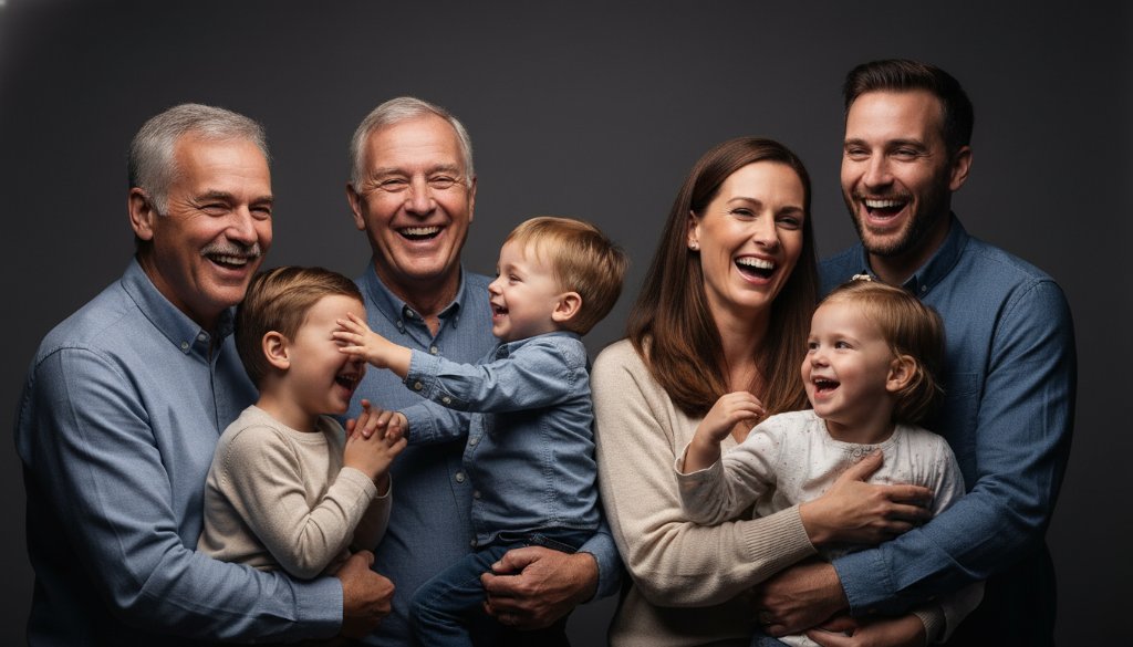 A heartwarming, epic moment captured in a professional studio, showcasing a multi-generational Delahey family laughing joyfully together, with soft, dramatic backlighting highlighting their genuine connection, perfectly embodying the goal of capturing authentic studio portraits Delahey families will treasure.
