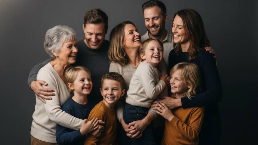A joyous family moment, capturing authentic studio portraits Melton Victoria, with parents embracing their laughing child in a beautifully lit studio, showcasing warmth and connection.