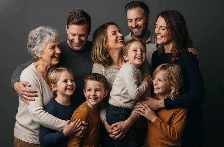 A joyous family moment, capturing authentic studio portraits Melton Victoria, with parents embracing their laughing child in a beautifully lit studio, showcasing warmth and connection.