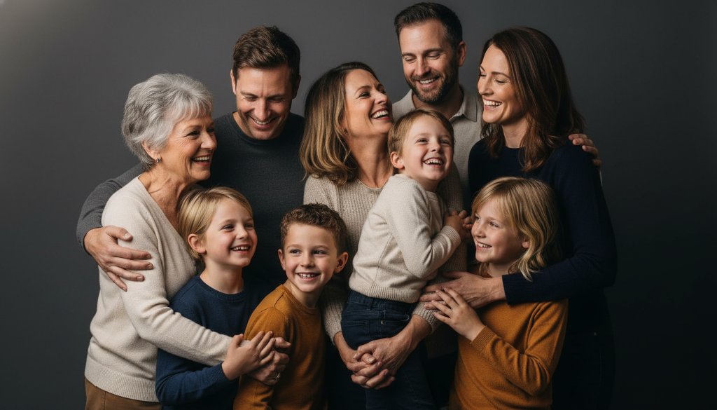 A joyous family moment, capturing authentic studio portraits Melton Victoria, with parents embracing their laughing child in a beautifully lit studio, showcasing warmth and connection.