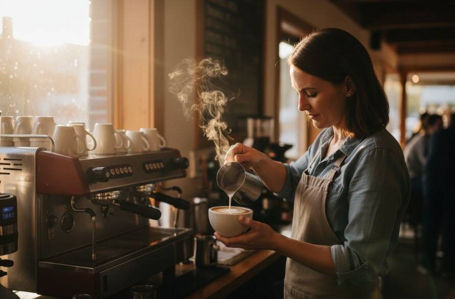 A dramatic wide-angle shot, capturing authentic Vermont editorial photography for local businesses, featuring a local artisan passionately crafting pottery in a sun-drenched Vermont studio, with focused expression and rich textures, embodying an epic moment of creativity.