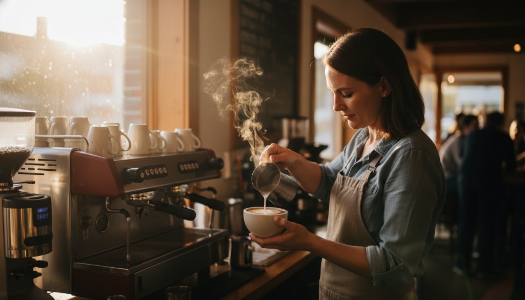 A dramatic wide-angle shot, capturing authentic Vermont editorial photography for local businesses, featuring a local artisan passionately crafting pottery in a sun-drenched Vermont studio, with focused expression and rich textures, embodying an epic moment of creativity.