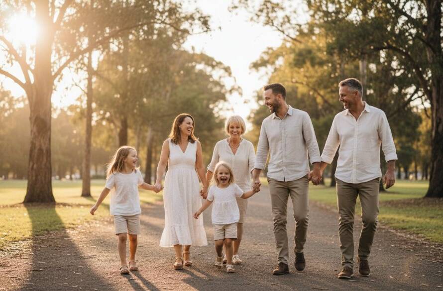 A heartwarming, sun-drenched photograph capturing authentic Wantirna candid family moments, with parents laughing joyfully as their child plays amidst the golden hour light in a local Wantirna park, professionally colour-graded.