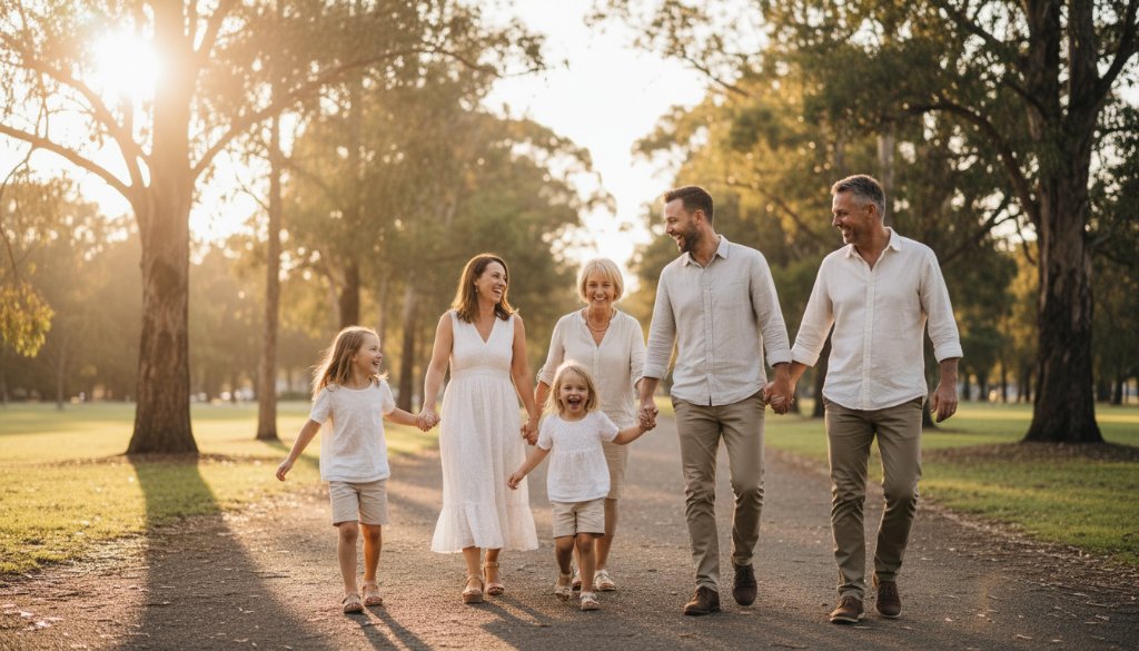 A heartwarming, sun-drenched photograph capturing authentic Wantirna candid family moments, with parents laughing joyfully as their child plays amidst the golden hour light in a local Wantirna park, professionally colour-graded.