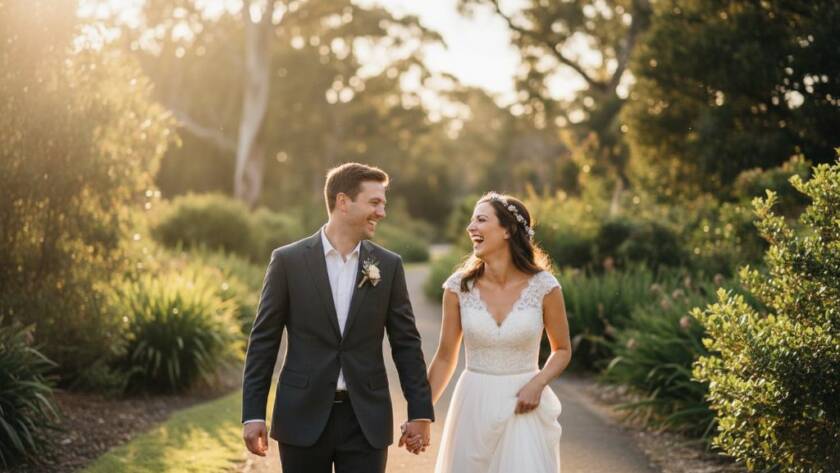 A newly married couple sharing a tender, genuine laugh amidst the beautiful, soft evening light of a Wantirna park, expertly Capturing Authentic Wantirna Wedding Photography Moments, creating an epic, candid hero shot with professional color grading.