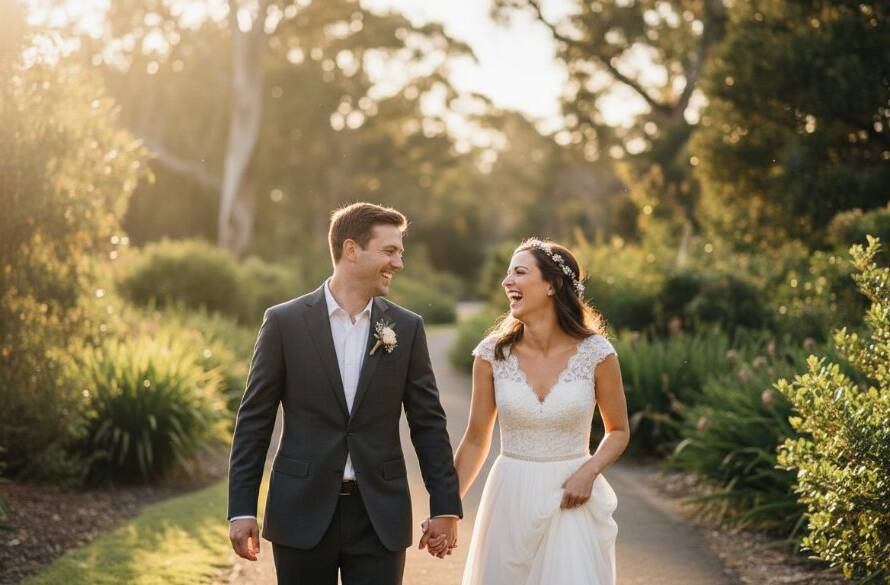A newly married couple sharing a tender, genuine laugh amidst the beautiful, soft evening light of a Wantirna park, expertly Capturing Authentic Wantirna Wedding Photography Moments, creating an epic, candid hero shot with professional color grading.