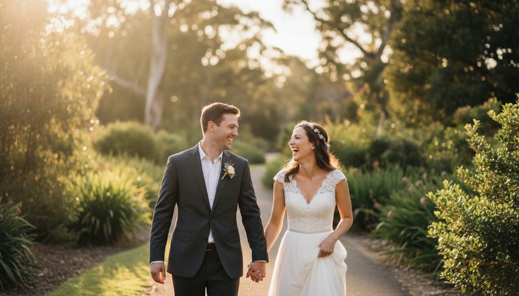 A newly married couple sharing a tender, genuine laugh amidst the beautiful, soft evening light of a Wantirna park, expertly Capturing Authentic Wantirna Wedding Photography Moments, creating an epic, candid hero shot with professional color grading.